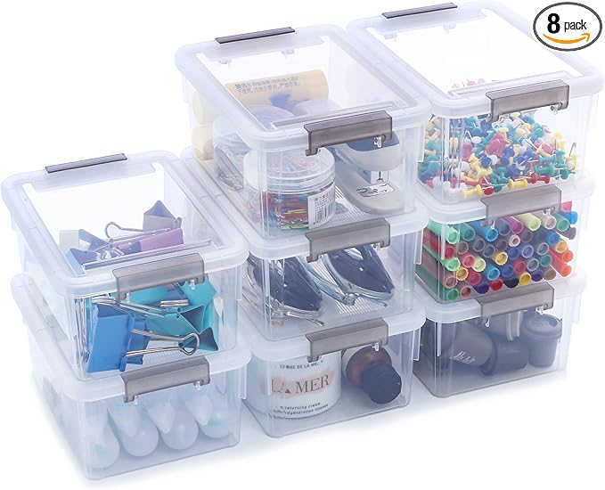 8 Packs Small Storage Bins 1.3 QT Plastic Storage Container Stackable Box with Lids for Organizing, Clear White