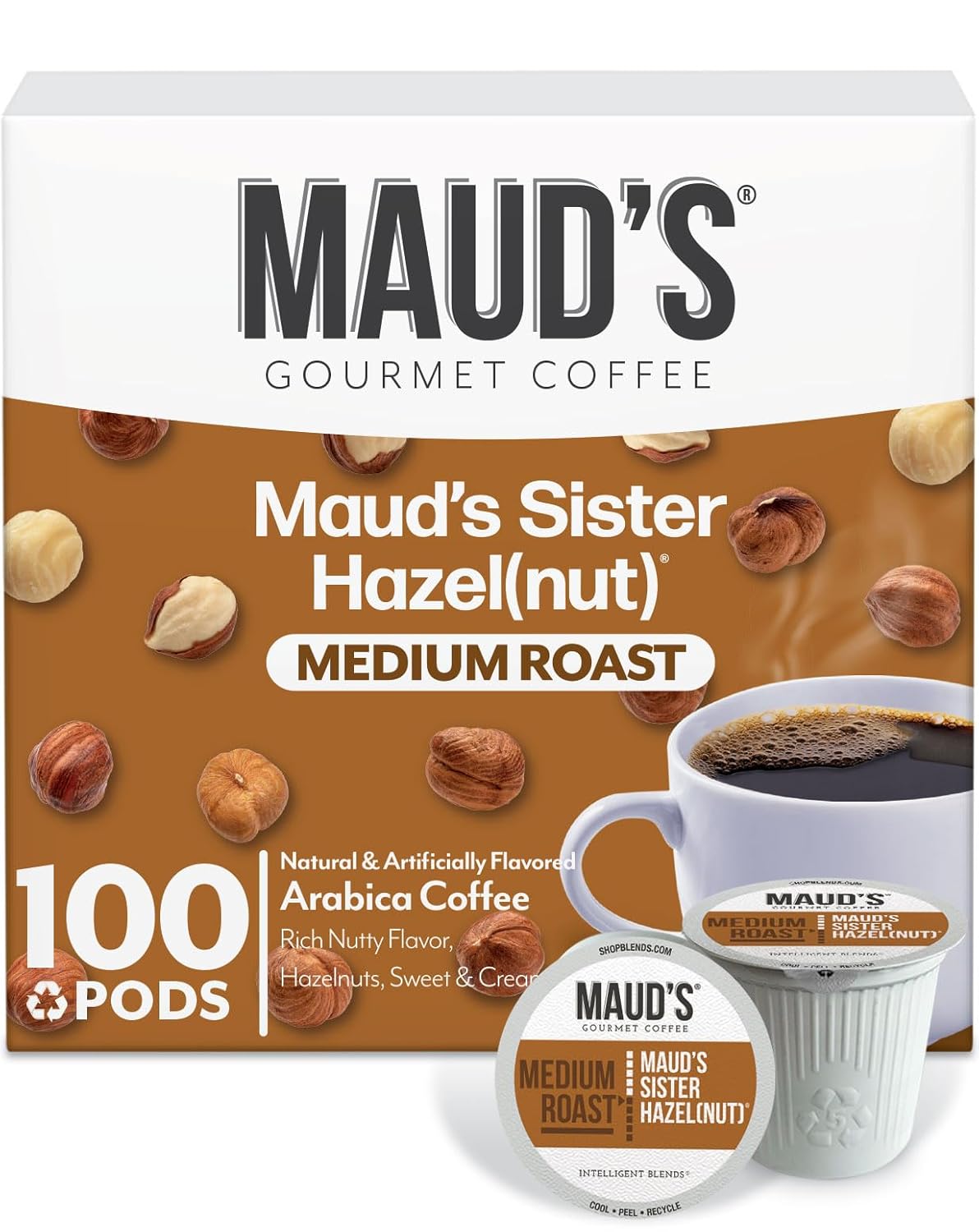 Maud's Sweet Hazelnut Flavored Coffee Pods, 100 ct, Medium Roast Flavored Coffee in Recyclable Single Serve Pods – 100% Arabica Beans