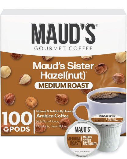 Maud's Sweet Hazelnut Flavored Coffee Pods, 100 ct, Medium Roast Flavored Coffee in Recyclable Single Serve Pods – 100% Arabica Beans