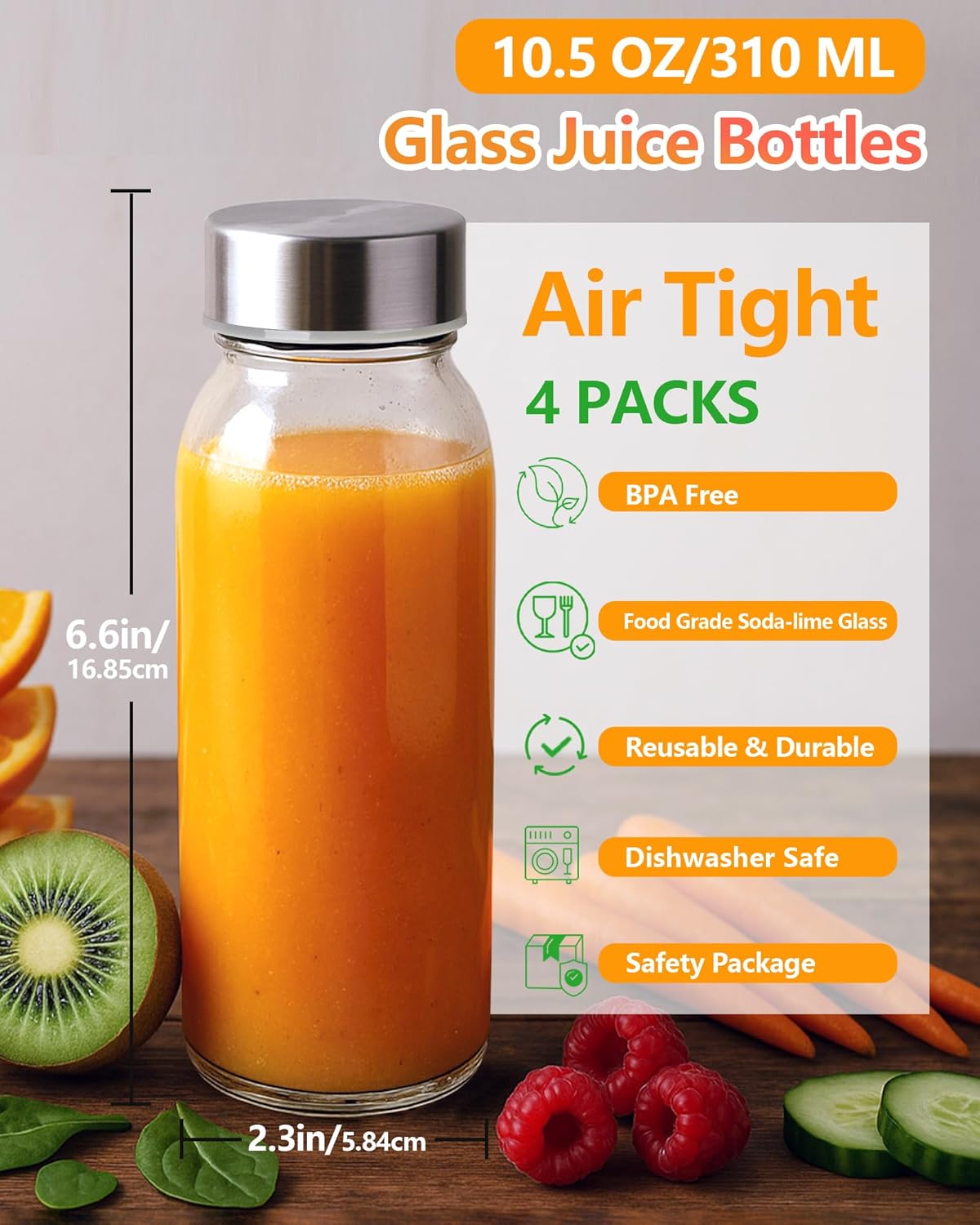 Zukro Glass Water Bottles with Lids 10 oz, Reusable Clear Juice Bottles With Stainless Steel Airtight Cap for Juicing, 100% Leak Proof Juice Drinking Jar for Ginger and Milk, BPA Free