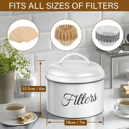 Coffee Filter Holder for Counter, Coffee Filter Storage with Lid, Round Container for Bar Accessories Decor (White)