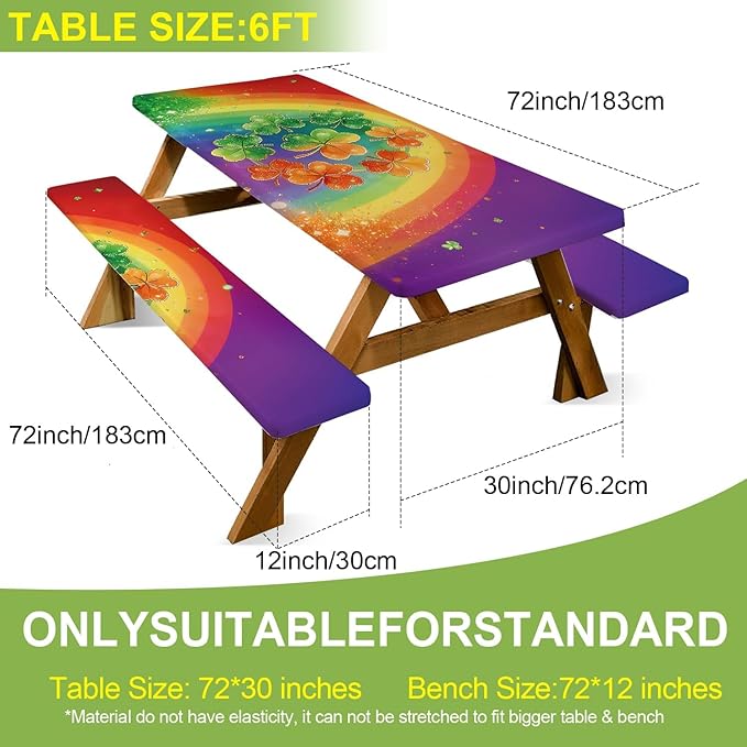 ANNA QUEEN 6FT Rainbow Clover Outdoor St. Patrick's Picnic Table Cover with Bench Covers Picnic Table Cover Set 3PCS 72"x30", Outdoor Bench and Tablecloth Furniture Protection