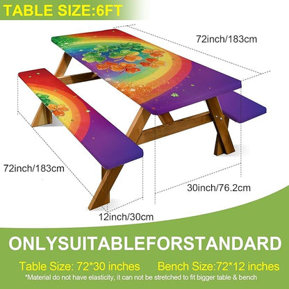 ANNA QUEEN 6FT Rainbow Clover Outdoor St. Patrick's Picnic Table Cover with Bench Covers Picnic Table Cover Set 3PCS 72"x30", Outdoor Bench and Tablecloth Furniture Protection