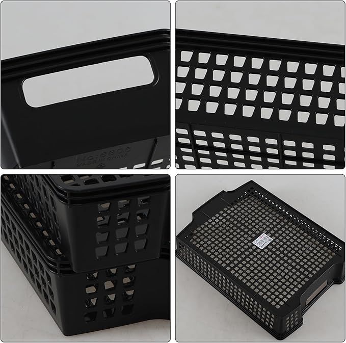 6 Packs Plastic Stacking Storage Baskets, Paper Storage Basket Tray, Black