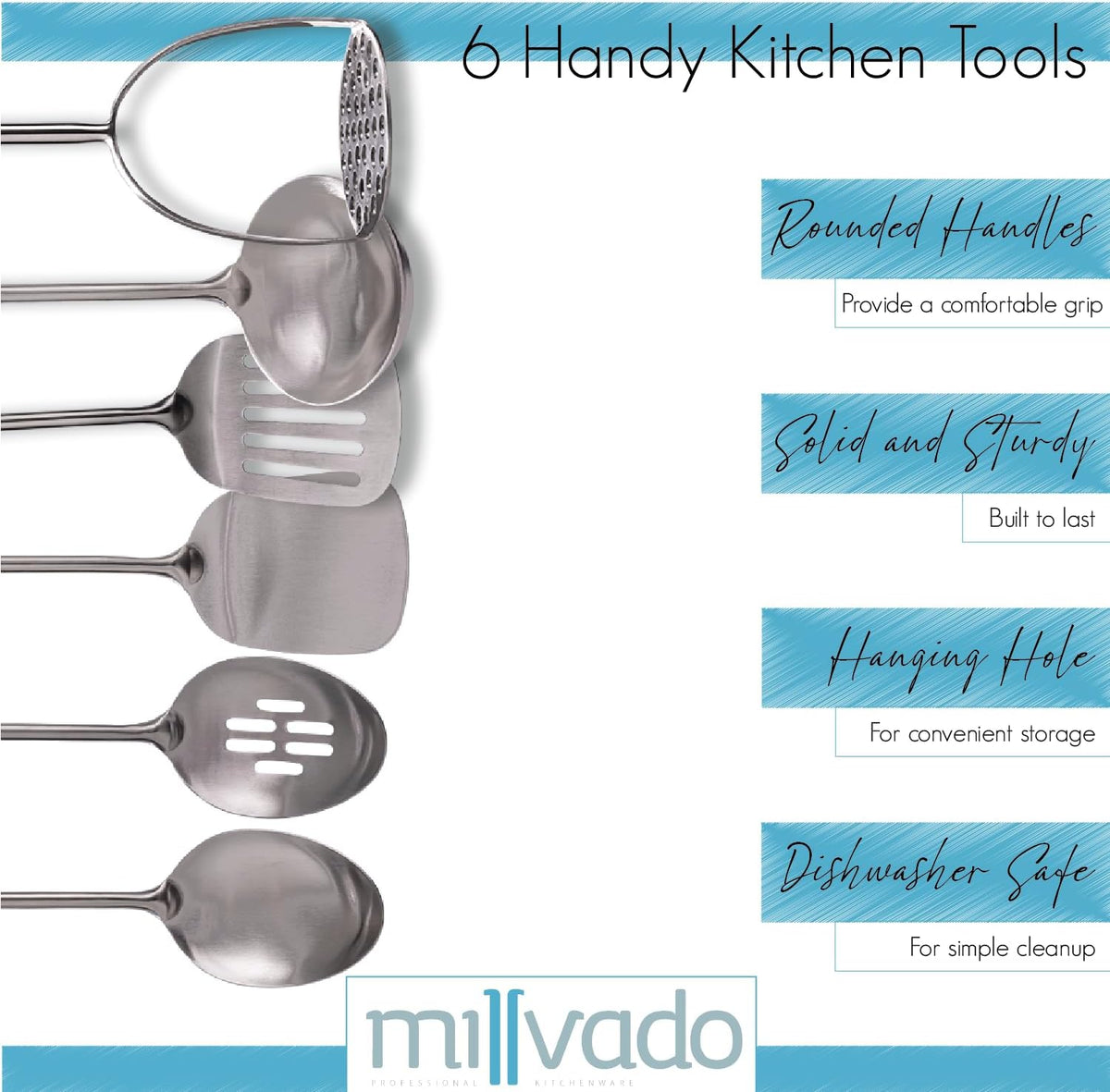 Stainless Steel Kitchen Utensil Set, Cooking Utensils, Set of 6 Kitchen Tools, Solid Spoon, Slotted Spoon, Solid Turner, Slotted Turner, Soup Ladle