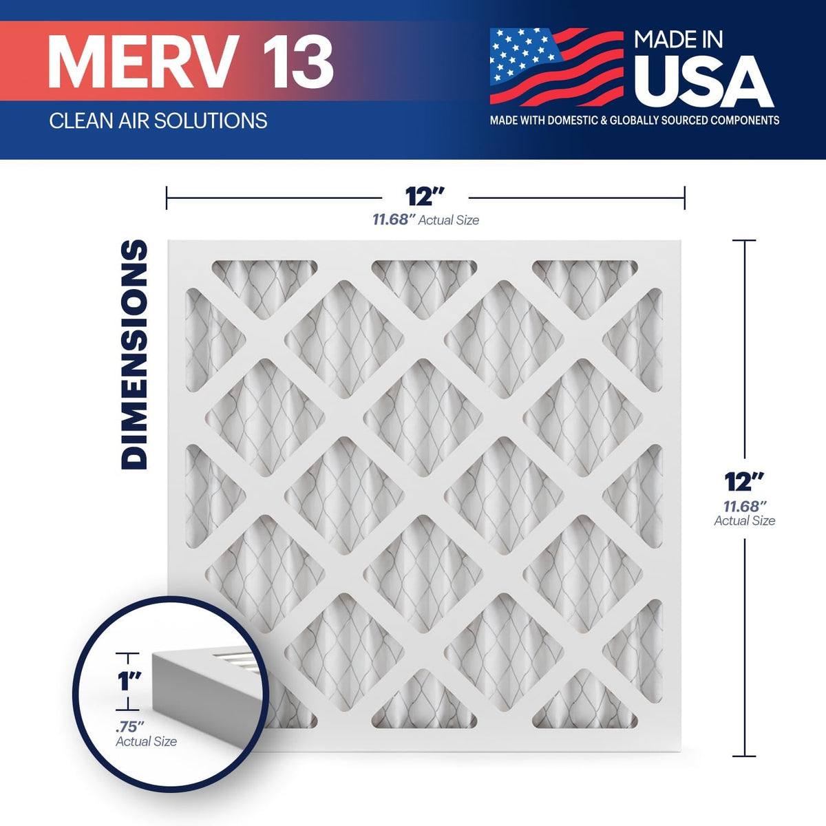 BNX TruFilter 12x12x1 Air Filter MERV 13 (6-Pack) - MADE IN USA - Electrostatic Pleated Air Conditioner HVAC AC Furnace Filters for Allergies, Pollen, Mold, Bacteria, Smoke, Allergen, MPR 1900 FPR 10