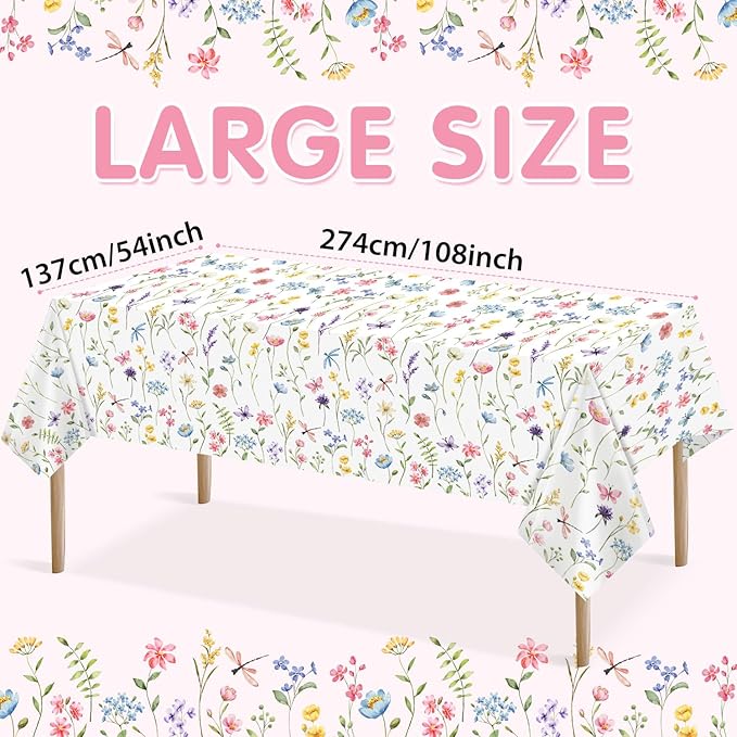 Homanu 6 Pack Wildflower Party Decorations Tablecloths, Large Size 54 X 108 Inch Rectangle Floral Tablecloth Plastic Table Cover for Birthday Party Baby Shower Decorations