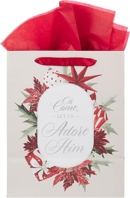 Christian Art Gifts Large Portrait Inspirational Scripture Christmas Gift Bag, Tag & Wrapping Tissue Paper Set for Men & Women: Let Us Adore Him, Sturdy Satin Ribbon Handles, Beige & Red Poinsettia