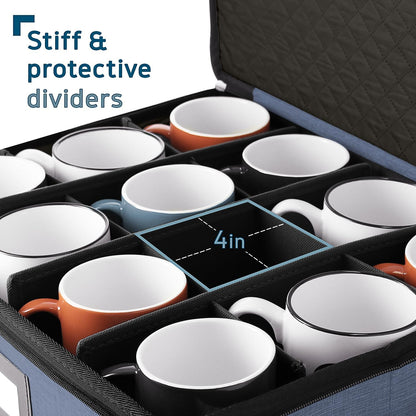 Fine China Storage Containers, 5 Piece Quilted Dish Storage Containers, Mug, Cup, and Plate Dish Organizer with Felt Dividers, Service of 12 Dinnerware Boxes for Moving, Seasonal Organization, Blue