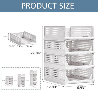 VECELO 4 Pack Plastic Closet Shelf Organizer, Stackable Sweater Storage Closet Drawers, Foldable Wardrobe Organizer, Easy Assembly, Durable and Space Saving for Closet, Bathroom, Kitchen, Gray