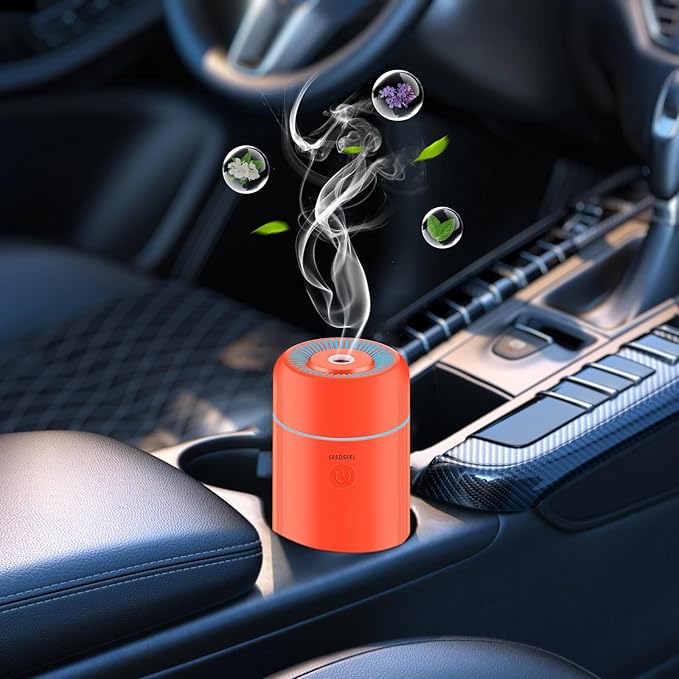 SEEDSEEL 100ML Car Essential Oil Diffuser, Mini Air Humidifier with 7-LED Color Changing, Suitable for Car (Orange)