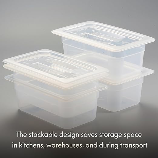 CURTA 4-Pack 1/4 Size 4" Deep Food Pan with Handled Lid – NSF Listed Commercial-Grade Translucent Polypropylene, Stackable Freezer-Safe Storage for Restaurants, Catering & Buffets