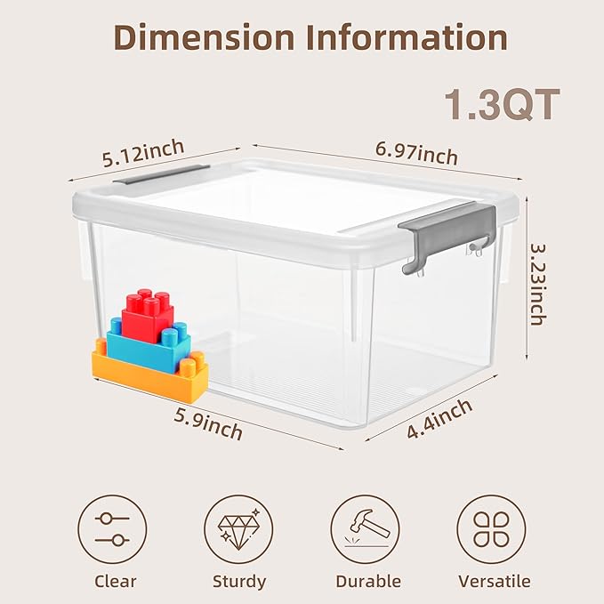 8 Packs Small Storage Bins 1.3 QT Plastic Storage Container Stackable Box with Lids for Organizing, Clear White