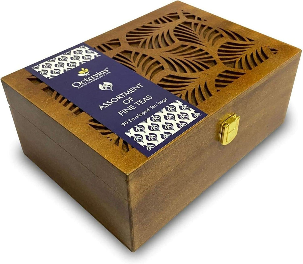 Octavius Tea Gift Set - Assorted Black & Green Tea Bags in Wooden Box, 6 Flavors, 90 Count, Premium Tea Sampler for Women & Men, Wellness Gift