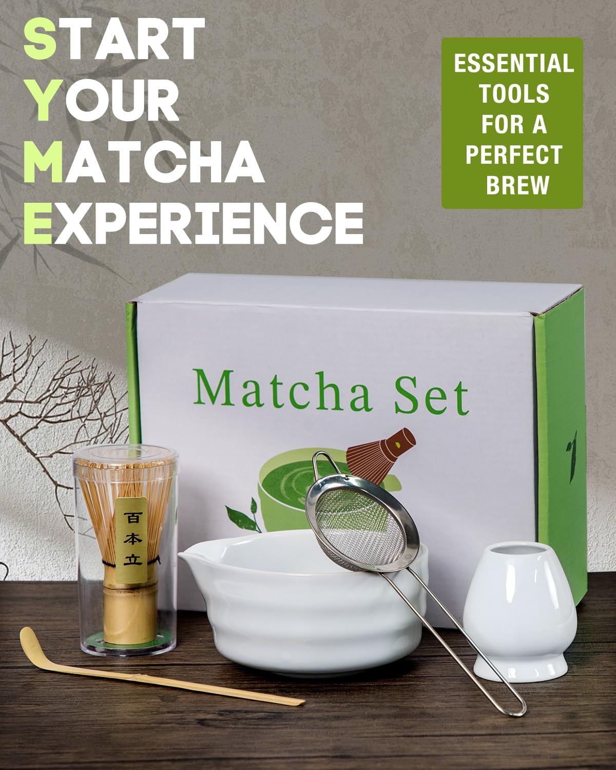 White Matcha Whisk Set - 5PCS Matcha Set Includes 18OZ Chawan with Spout