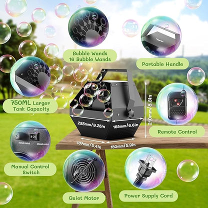 Theefun Bubble Machine: Remote Control 750ML Metal Bubble Blower Machine for 60 Min Usage Time, Plug-in Automatic Bubble Maker for Parties Wedding Birthday Indoor Outdoor, with AC Adapter