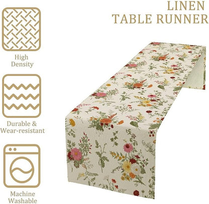Vintage Flower Table Runner, Rustic Farmhouse Retro Garden Botanical Plants Herbs Wildflower Print Table Runner for Kitchen Dining Room Wedding Party Decor, 13x70inch