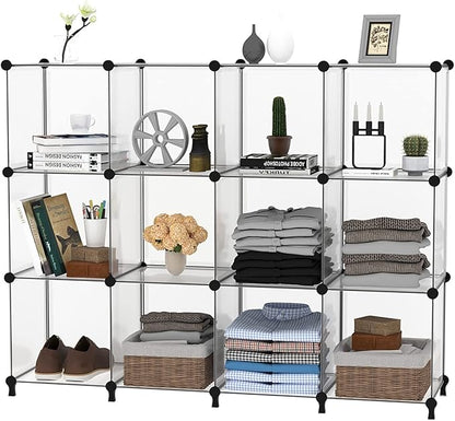 AWTATOS Cube Storage Organizer Storage 12 Cube Bookshelf DIY Plastic Closet Storage Shelves with Wooden Mallet, Ideal Storage Solution for Home, Bedroom, Translucent White
