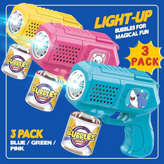 Bubble Guns with Bubble Solution- 3 Pack, Bubbles Gun, Blaster, Blower, Maker, Machine for Boys Girls, Birthday Gifts for Ages 3 4 5 6 7 8 Year Old Kid, Outdoor Toys for Toddlers, Party, Wedding