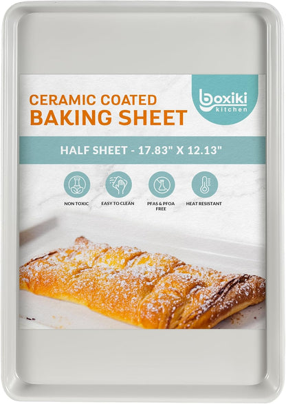 Boxiki Kitchen Non-Stick Ceramic Baking Sheet - Slick & Non-Toxic Ceramic Coating, PTFE & Pfoa Free Cookie Sheet Pan - Cookie Sheet
