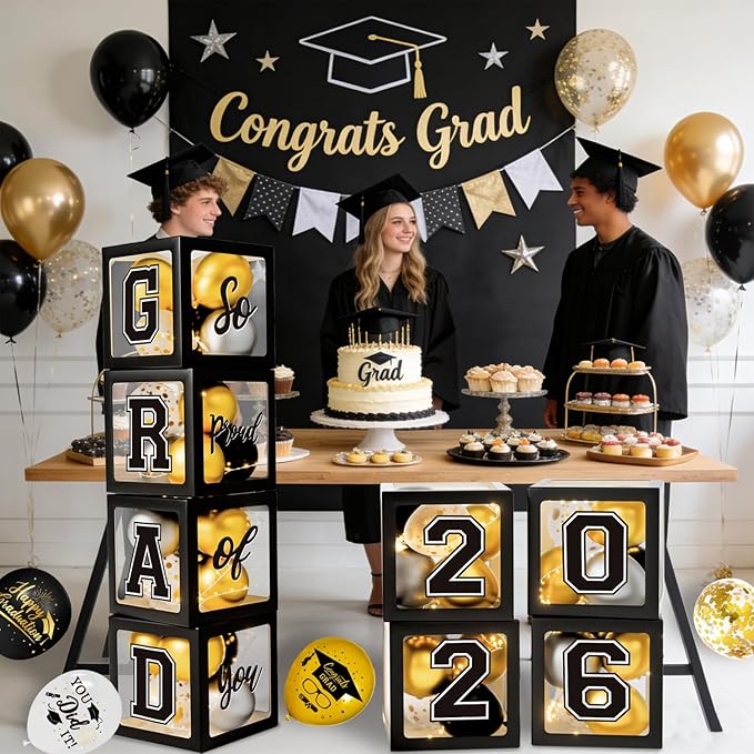 Graduation Decorations Class of 2026, Black Graduation Decorations, Balloons Boxes (4PCS) with Letters 2026 GRAD So Proud of You, Congrats Grad Decorations for High School & College
