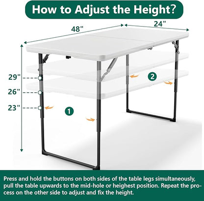 4FT Folding Table, Fold Up Picnic Table with Height Adjustable Portable Table for Indoor Outdoor Use Camping Table for Party, BBQ, White