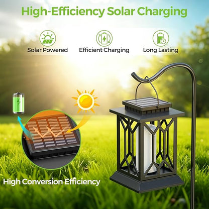 BOBKID 2 Pack Solar Lanterns Outdoor Waterproof, Flickering Flame Outdoor Lights, Hanging Solar Lantern Lamps Decorative, Solar Powered Lighting for Outside Garden Yard Patio Path Tree Decor