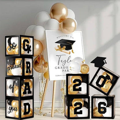 2026 Graduation Party Decorations, 4Pcs Black Boxes with 30Pcs Black White Gold Latex Balloons with Letters "2026 GRAD So Proud of You" for High School College Graduation Party Decorations (Black)