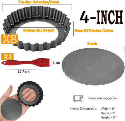 Datanya 8 Pack Mini Tart Pans 4 Inch with Removable Bottom Round Nonstick Quiche Pan, Heavy Duty Fluted Side for Pies, Mousse Cakes