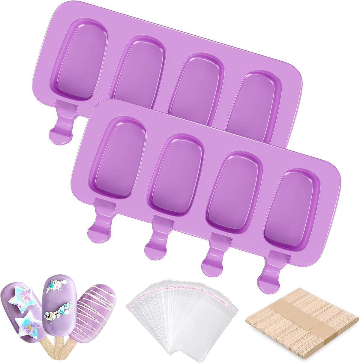 Ouddy Life Popsicle Molds Set of 2, Ice Pop Molds Silicone 4 Cavities Ice Cream Mold Oval Cake Pop Mold with 50 Wooden Sticks for DIY Popsicle