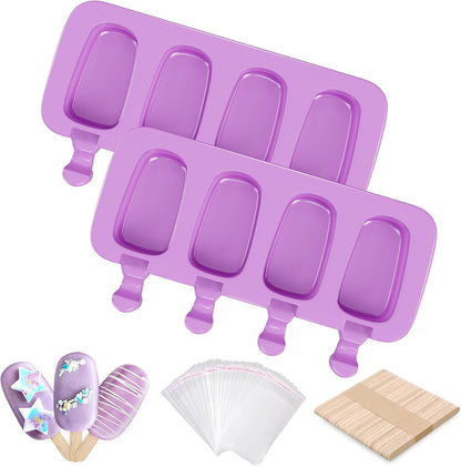 Ouddy Life Popsicle Molds Set of 2, Ice Pop Molds Silicone 4 Cavities Ice Cream Mold Oval Cake Pop Mold with 50 Wooden Sticks for DIY Popsicle