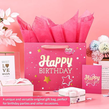 Powbrace 16" Pink Happy Birthday Gift Bag with Tissue Paper and Greeting Card for Party,Happy Birthday Gift Bag for Men Women,Gift Bags Extra Large(2 PCS Pink Hot Stamping)