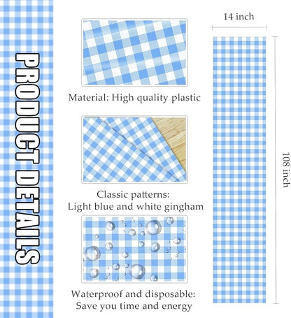 3 Pcs Light Blue and White Checkered Table Runner Plastic 14 x 108 Disposable Baby Blue Gingham Table Runner for Birthday Wedding Baby Shower Party Table Centerpiece Decorations