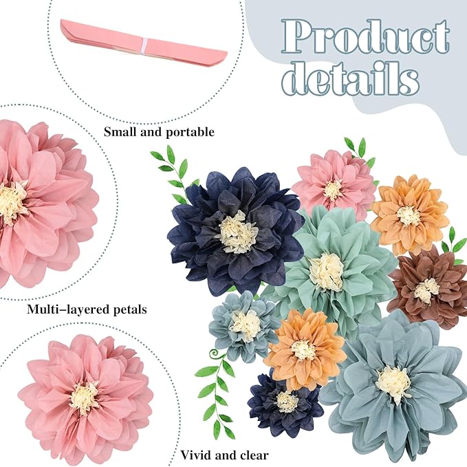 Geyee 18 Pcs Mexican Paper Flowers Colorful Fiesta Tissue Paper Flowers Pom Poms Mexican Carnival for Floral Party Backdrop Wedding Birthday Party Craft(Boho Color,6" 8" 10")