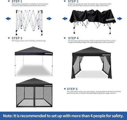 OASISHOME 10'x10' Pop-Up Gazebo Canopy Tent with Netting Sidewall & Wheeled Bag,Weight Bag, Stakes, Ropes, Waterproof, UV Protection, Heavy-Duty Steel Frame for Backyard/Outdoor/Parties (Black,10x10)
