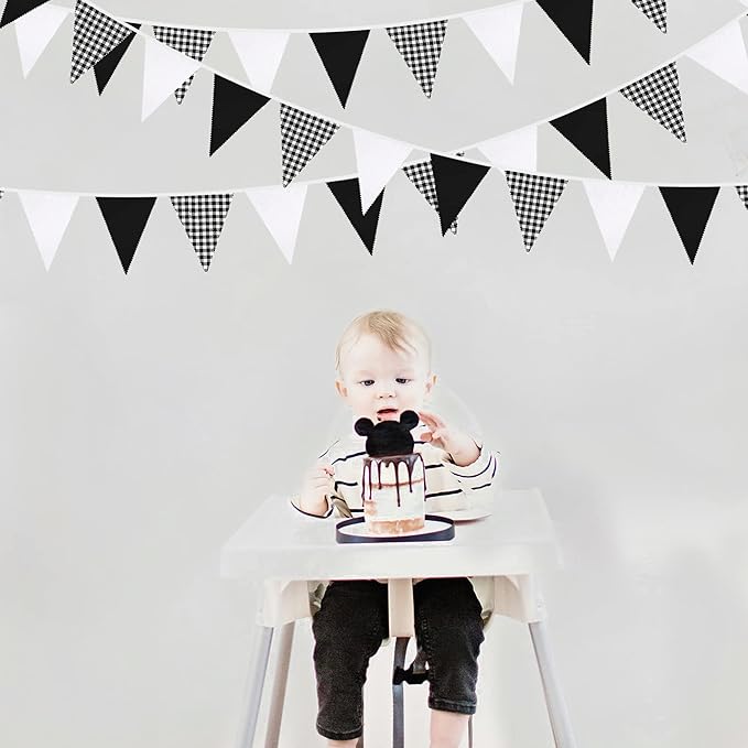 32Ft Black Party Decorations Black Buffalo Plaid Checkered White Triangle Flag Gingham Pennant Bunting Fabric Garland for Racing Car Party BBQ Birthday Wedding Carnival Picnic Outdoor Home Decor