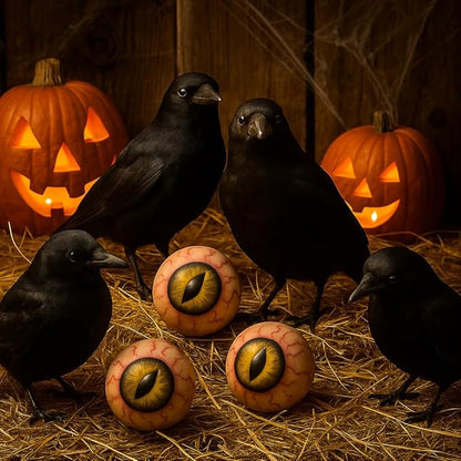 KatchOn, Black Crows with Eyes Halloween Decorations – Pack of 12 | Realistic Feathered Crows for Indoor Outdoor Halloween Decor | Scary Raven Decorations for Haunted House