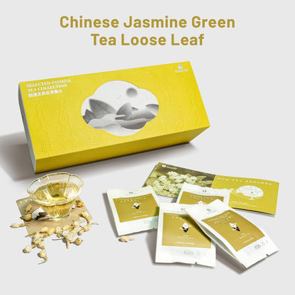 iTeaworld Jasmine Green Tea Loose Leaf Samplers Set, With Different Flowery Aromas, No Sweetener, Sweet After Taste, 4 Different Grades of Jasmine Tea Loose Leaf, 16 Pack/56g