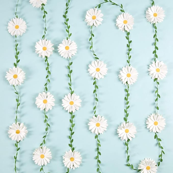 3D Daisy Flower Garland (2PCS) Flower Banner Wildflower Party Decorations Leaves Banner Paper Flower Spring Wedding Backdrop Decor