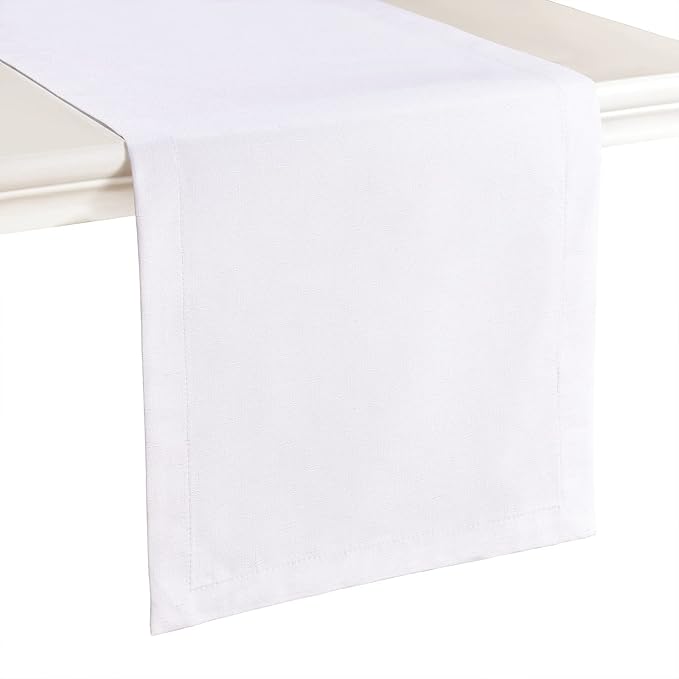 Mebakuk Linen Farmhouse Table Runner Large Burlap Style Soft and Waterproof Decorative Fabric Runner for Outdoor Wedding and Dinner (14 x 108 Inch, White)