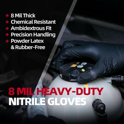 Jointown Basic Heavy Duty Nitrile Gloves, Mechanic Gloves 8 Mil Nitrile Disposable, with Raised Diamond Texture, Case of 500, Black, Medium