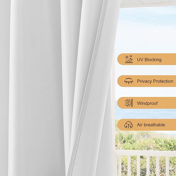HolidayIdeas Waterproof Patio Outdoor Curtains with Rod Pocket 54x95 Inch, 4 Pcs- UV & Privacy Protect Weatherproof Gazebo Outdoor Drapes for Porch, Balcony, Apartment, Sliding Glass Door, White