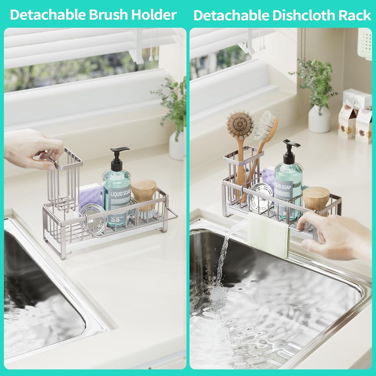 HapiRm Sponge Holder for Kitchen Sink - Self-draining Sink Caddy with Brush Holder and Dishcloth Holder, Stainless Steel Kitchen Organizer for Countertop - Brushed Nickel
