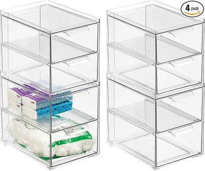 mDesign Stackable Storage Containers Box with 2 Pull-Out Drawers - Stacking Plastic Drawer Bins for Master or Guest Bathroom, Linen Closet, Vanity, Makeup Table Lumiere Collection 4 Pack, Clear