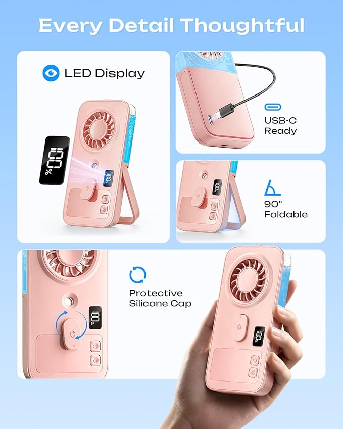 Otlonpe Mini Portable Handheld Misting Fan Hand Held Rechargeable Portable Fan with Mist 4-Speed LED Display Slim Foldable Small Personal Cooling Water Spray Mister Fans for Travel Women Kids (Pink)
