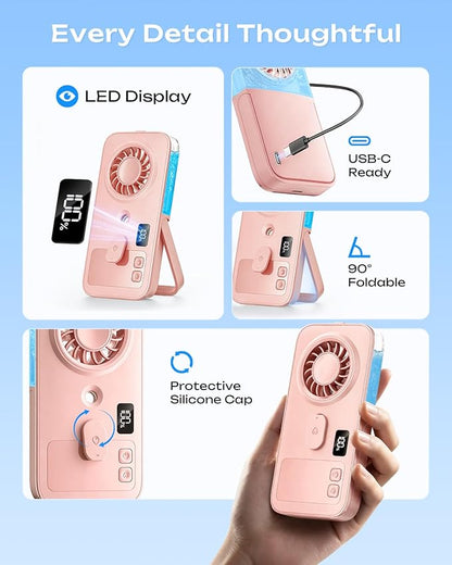 Otlonpe Mini Portable Handheld Misting Fan Hand Held Rechargeable Portable Fan with Mist 4-Speed LED Display Slim Foldable Small Personal Cooling Water Spray Mister Fans for Travel Women Kids (Pink)