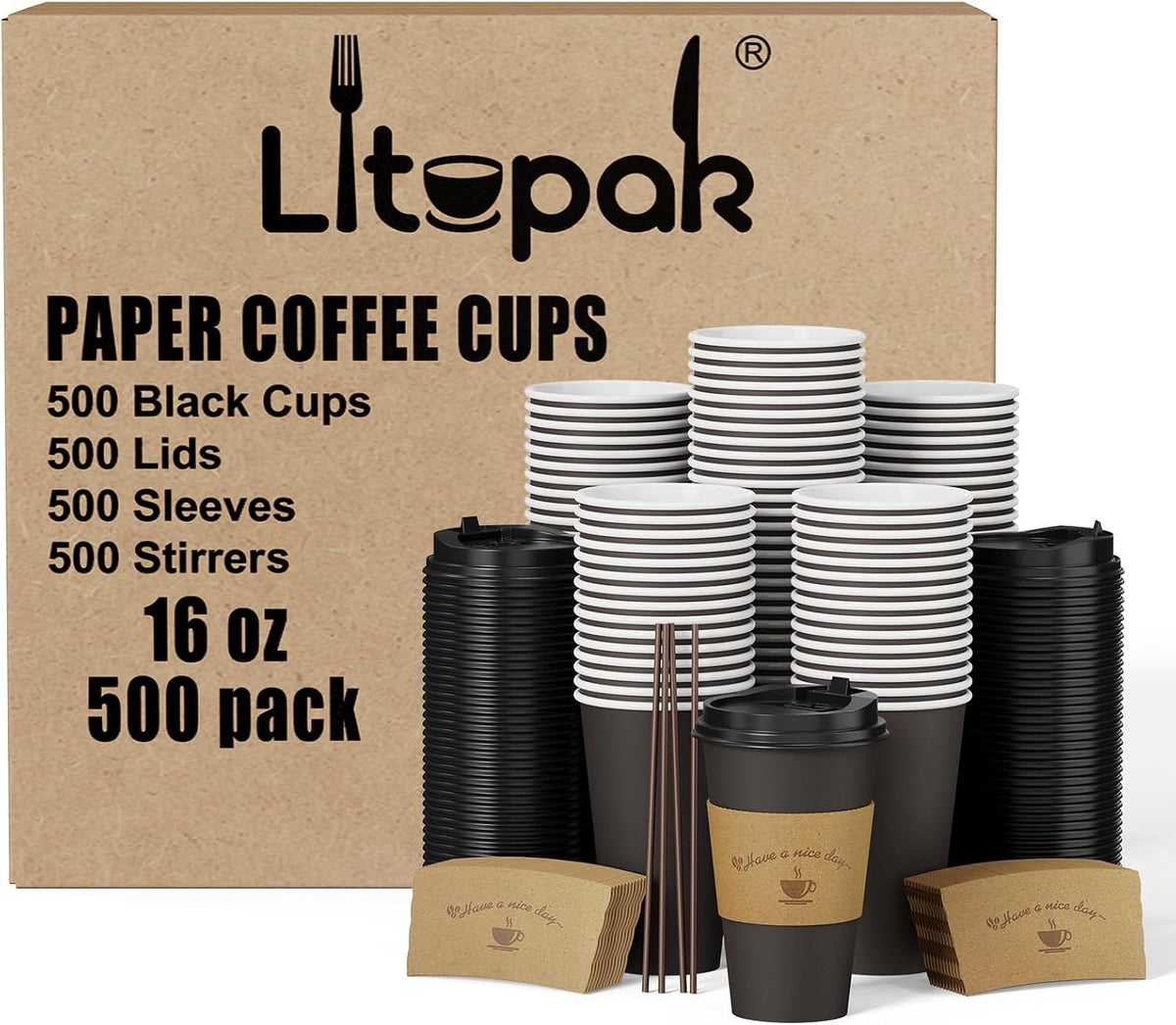 Litopak 500 Pack 16 oz Disposable Coffee Cup with Lids, Sleeves, and Stirring Sticks, Black Hot Paper Coffee Cups for Home, Travel, Office, Party
