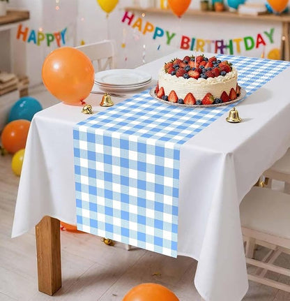 3 Pcs Light Blue and White Checkered Table Runner Plastic 14 x 108 Disposable Baby Blue Gingham Table Runner for Birthday Wedding Baby Shower Party Table Centerpiece Decorations