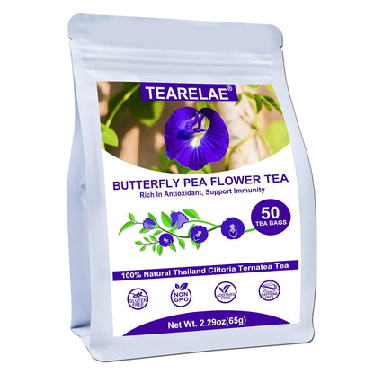 Tearelae - Butterfly Pea Flower Tea - 50 Count Butterfly Pea Flower Tea Bags - Natural Coloring for Food, Baking, Iced Tea - Caffeine-Free, Non-GMO