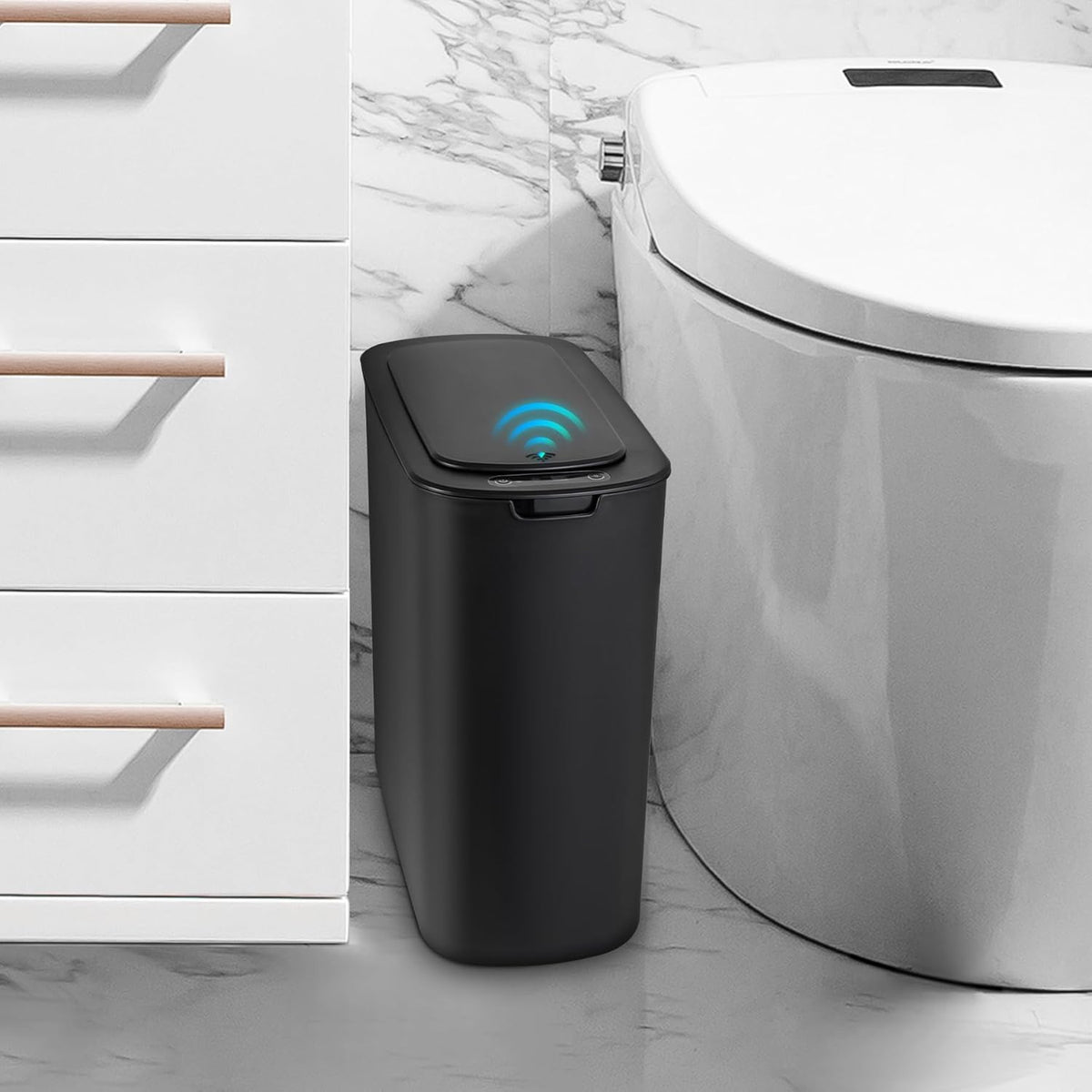 Cesun Automatic Motion Sensor Black Bathroom Trash Can with Lid, 2.6 Gallon Touchless Trash Bin, Smart Plastic Slim Garbage Can Small Wastebasket for Toilet, Office, rv, Bedroom, Living Room